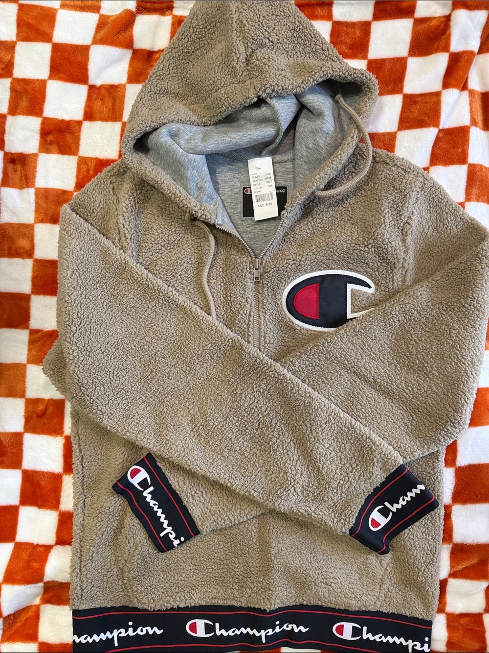 Champion Taupe Sherpa Zip Hoodie with Logo Trim